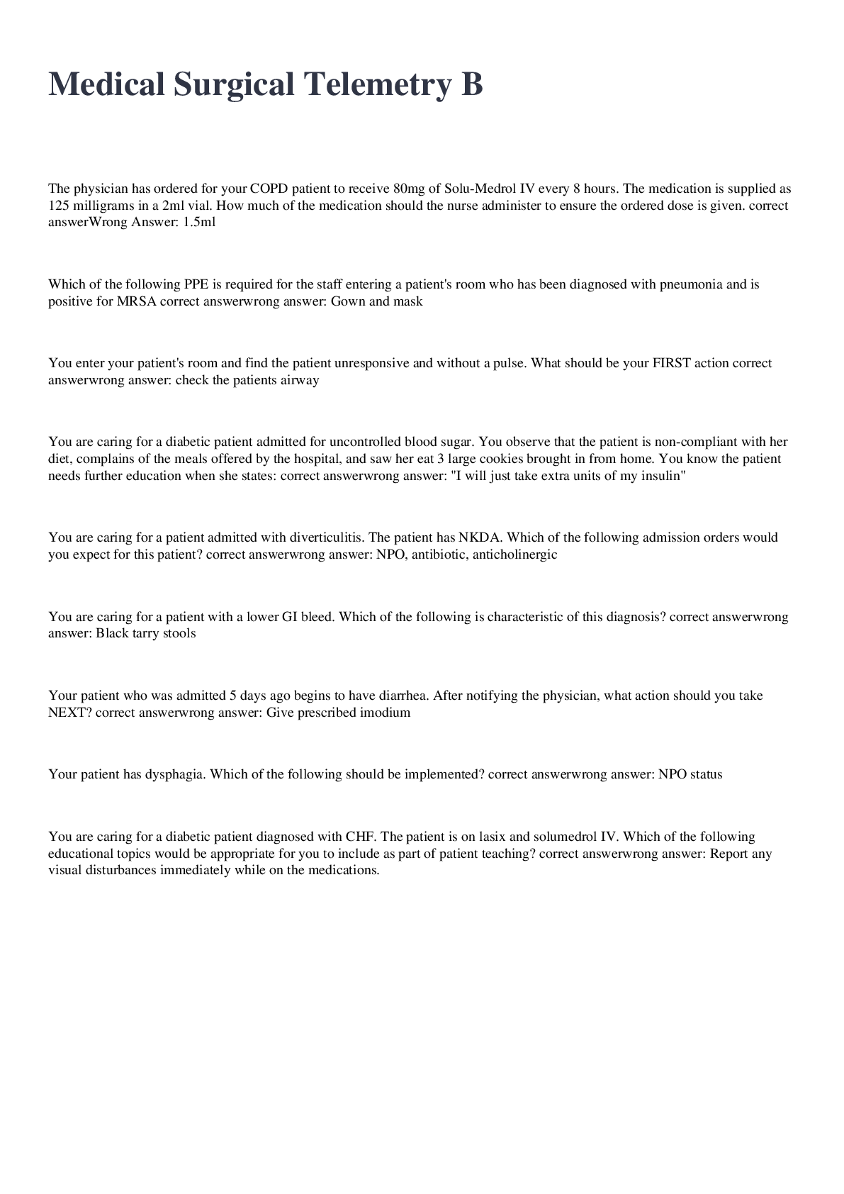 Preview image for Medical Surgical Telemetry B exam 2022/2023 with 100% correct answers